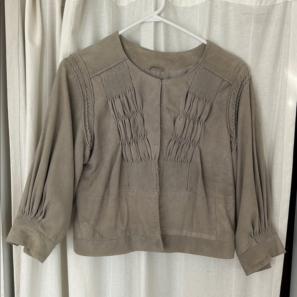 JOIE blue/gray leather jacket silk lined with hook closure size small vintage